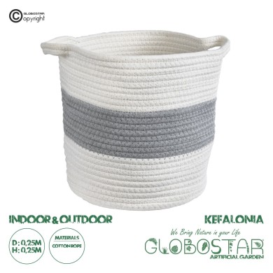 GloboStar® Artificial Garden KEFALONIA 20322 Διακοσμητικό Πλεκτό Καλάθι - Κασπώ Γλάστρα - Flower Pot Λευκό με Γκρι Φ25 x Υ25cm